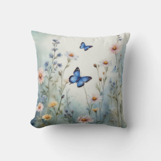 Graceful Butterflies Meadow Wildflower Watercolor Cushion