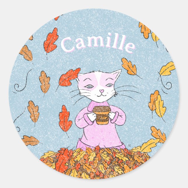 Graceful Cat Fall Kid Sticker with Name (Front)