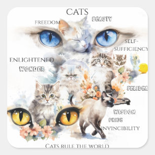 Graceful Cats Watercolor Art Typography Square Sticker