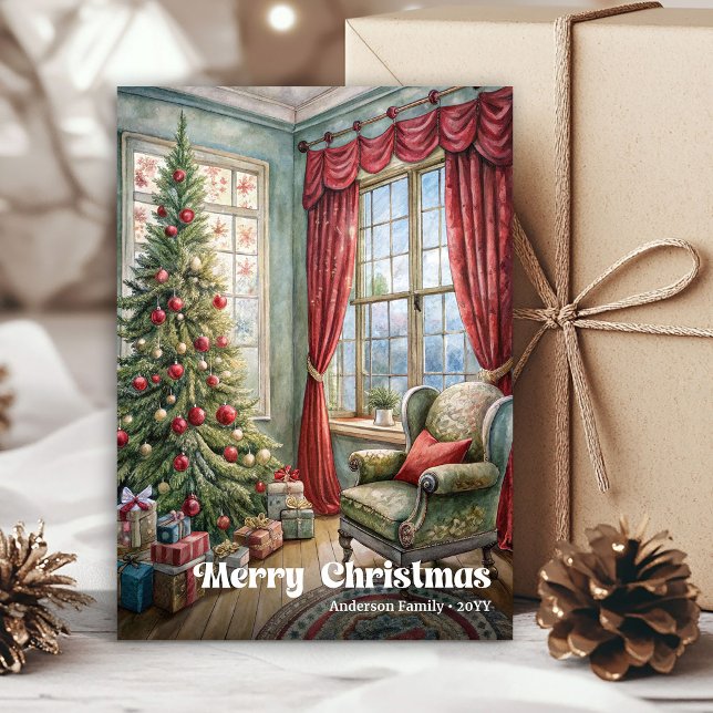 Graceful classic Christmas interior with pine  Holiday Card (Graceful classic Christmas interior with pine décor)