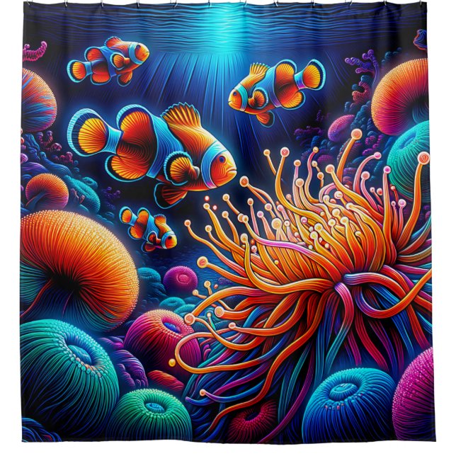 “Graceful Clownfish Coral Reef Art” Shower Curtain (Front)