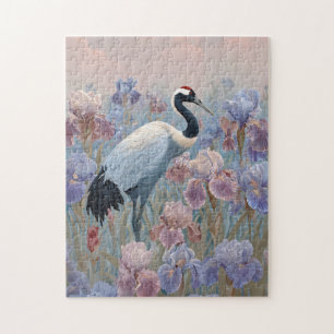Graceful Crane Field of Blooming Irises Jigsaw Puzzle