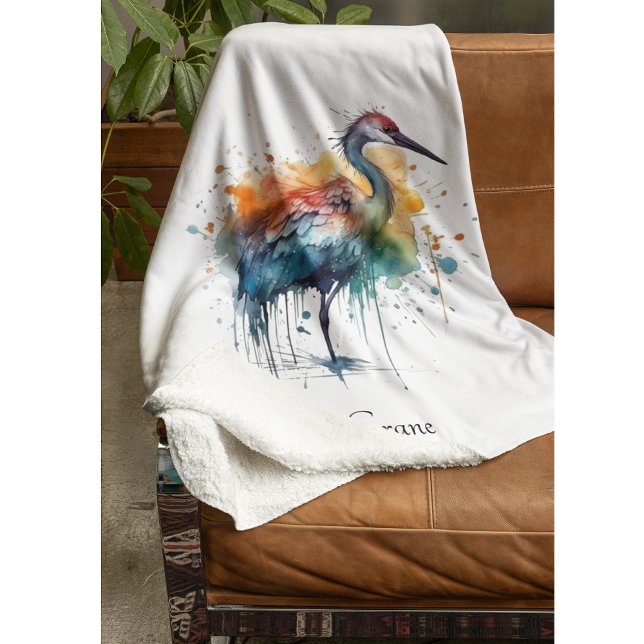 Graceful Crane: Watercolor Art, custom Fleece Blanket (Creator Uploaded)