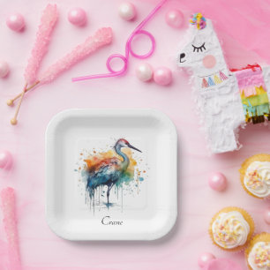 Graceful Crane: Watercolor Art, custom Paper Plate