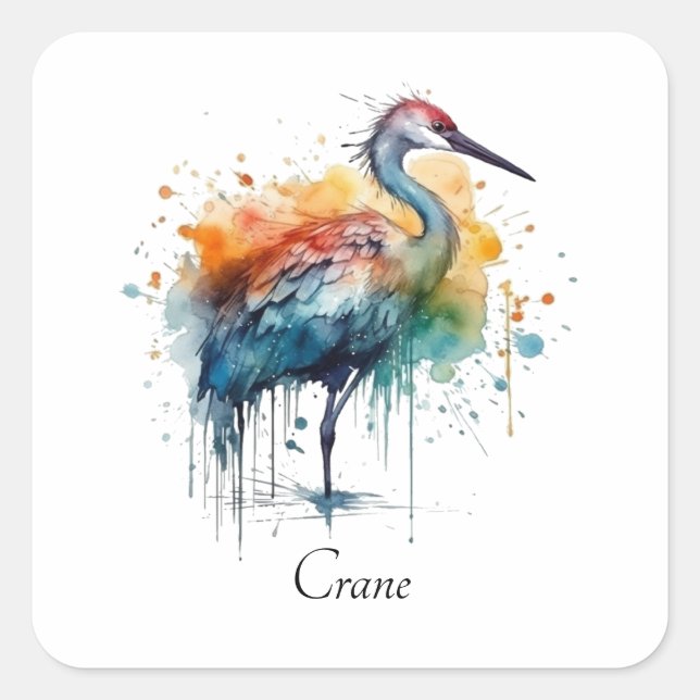 Graceful Crane: Watercolor Art, custom Square Sticker (Front)