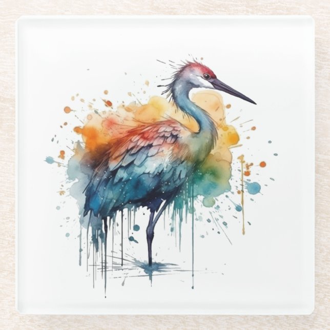 Graceful Crane: Watercolor Art Glass Coaster (Front)