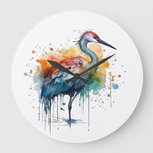 Graceful Crane: Watercolor Art Large Clock (Front)