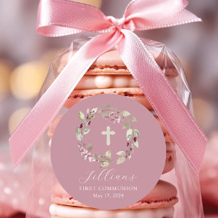 Graceful Cross First Communion Classic Round Sticker