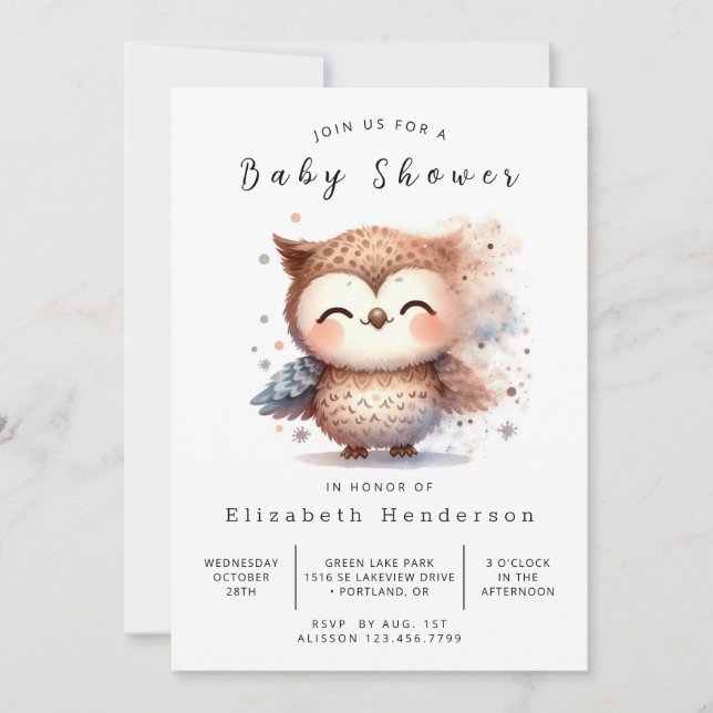 Graceful Custom Owl Baby Shower Invitation (Front)