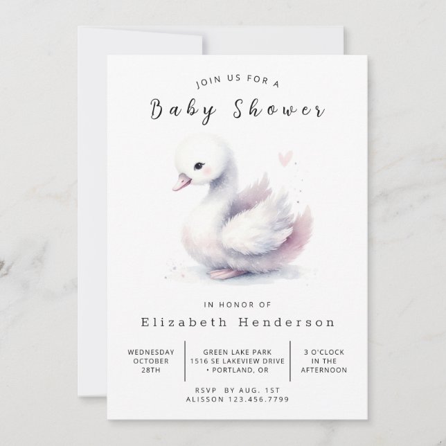 Graceful Custom Swan Baby Shower Invitation (Front)