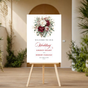Graceful Deep Red Floral Gold Wedding Welcome Sign