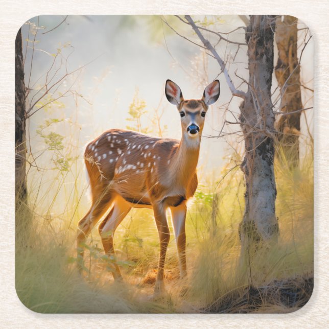 Graceful Deer in the Forest Nature Design Square Paper Coaster (Front)