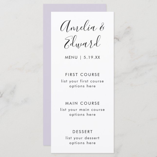 Graceful Delicate Purple Wedding Menu Card (Front/Back)