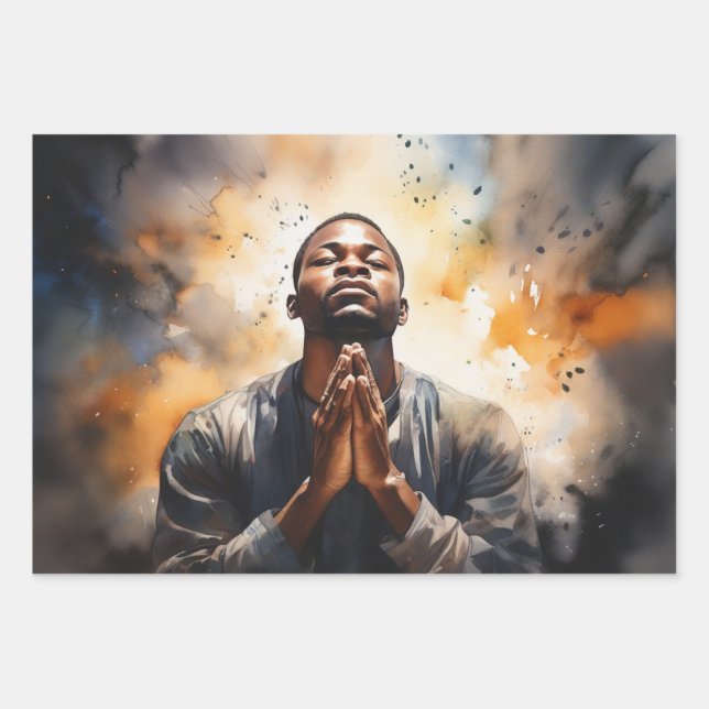 Graceful Devotion: A Black Man in Prayer Wrapping Paper Sheet (Front)