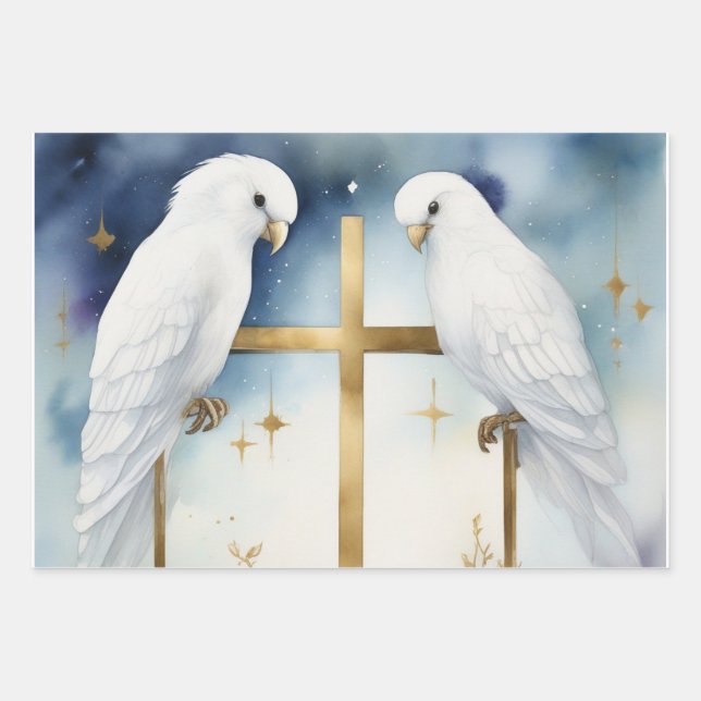 Graceful Dove & Cross Pattern Wrapping Paper Sheet (Front)