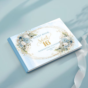 Graceful Dusty Blue Floral Sweet 16th Sign In Book