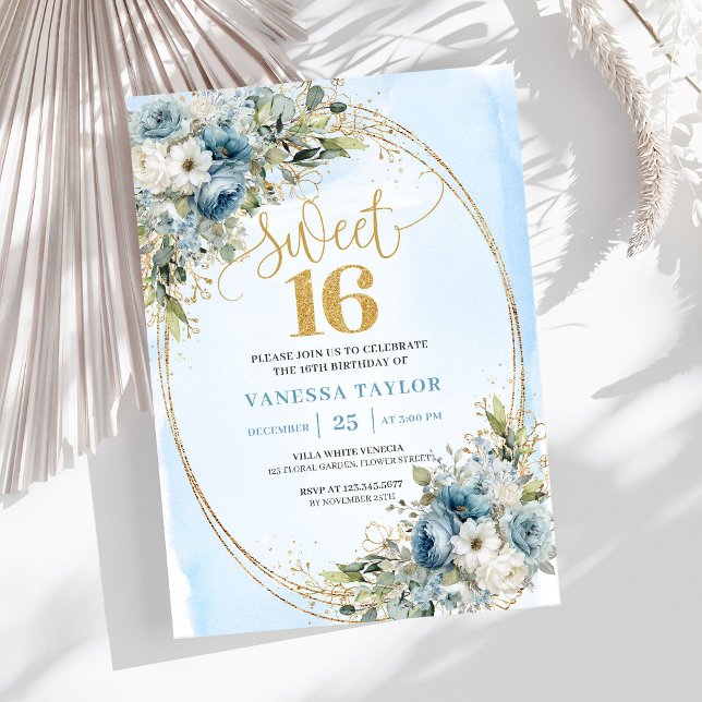 Graceful Dusty Blue Floral Sweet Sixteen Invites (Graceful Dusty Blue Floral Sweet Sixteen Invitation)