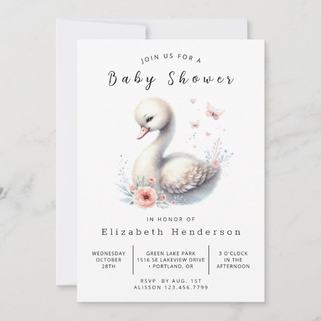 Graceful Editable Swan Baby Shower Invitation (Front)