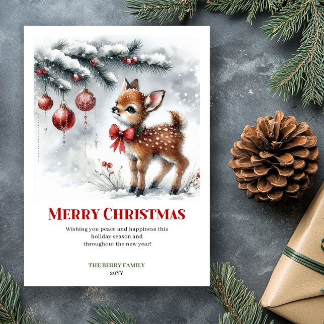 Graceful Fawn Cozy Watercolor Snowy Christmas Card (Graceful Fawn Cozy Watercolor Snowy Christmas Card)