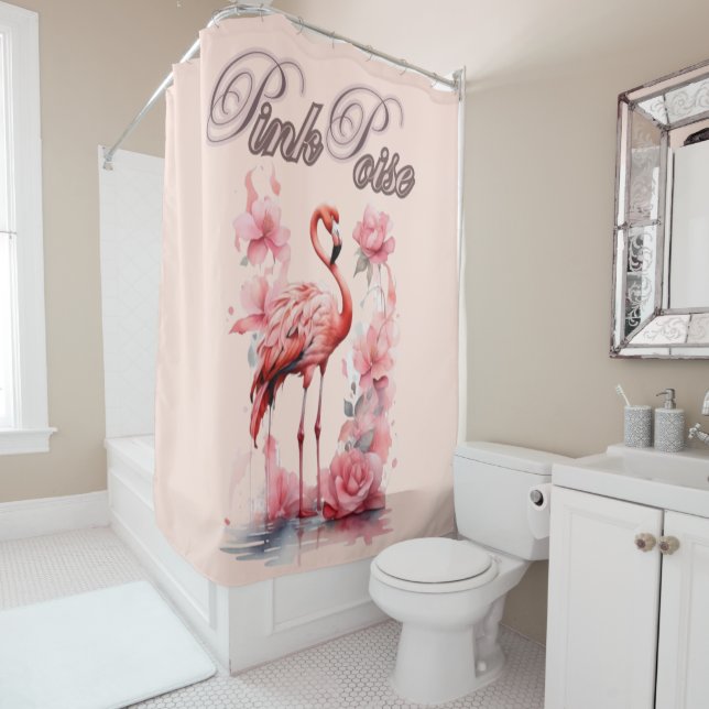 Graceful Flamingo Walk | Pink & Floral Design Shower Curtain (In Situ)