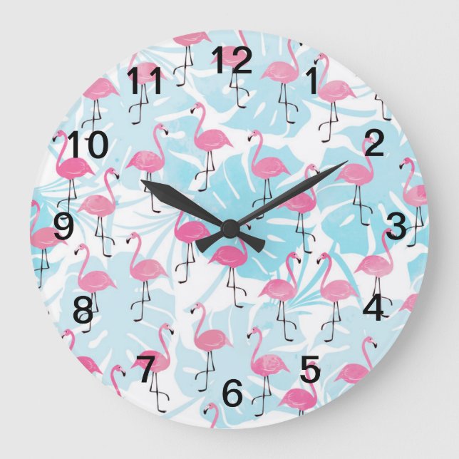 Graceful flamingos and monstera leaves large clock (Front)