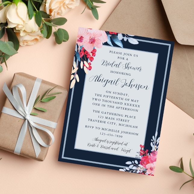 Graceful Floral Pink and Dusty Blue Bridal Shower Invitation (Creator Uploaded)