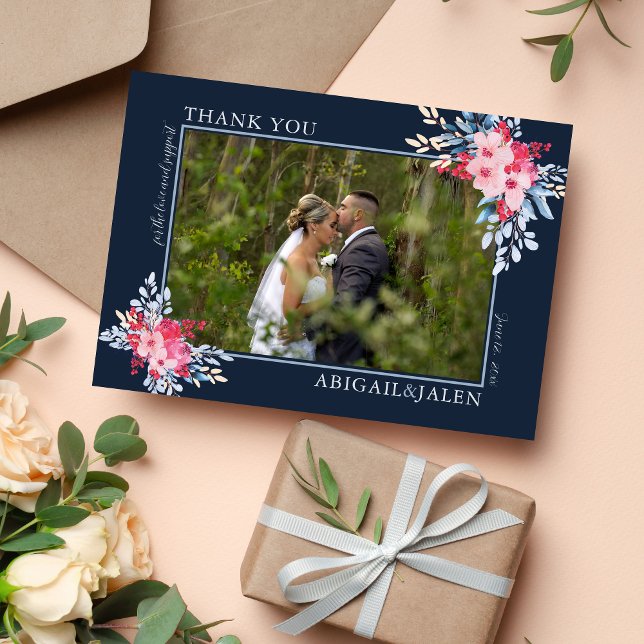Graceful Floral Pink and Dusty Blue Wedding Thank You Card (Creator Uploaded)