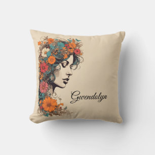 Graceful Floral Portrait Custom Name Throw Pillow