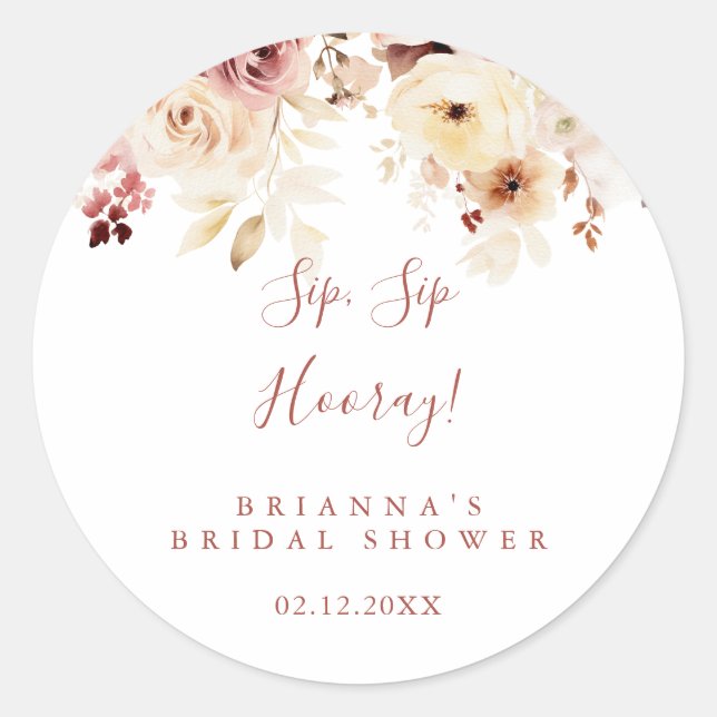 Graceful Floral Sip Sip Hooray Bridal Showe Classic Round Sticker (Front)