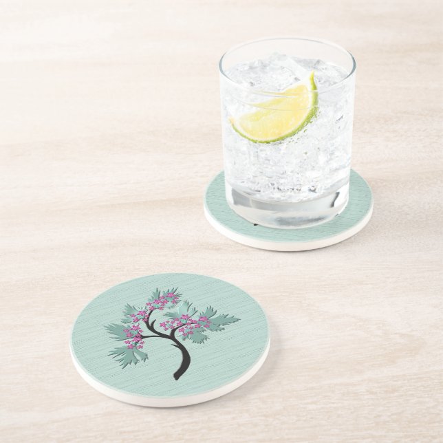 Graceful Flowering Tree Green + Plum Sandstone  Coaster (Side)