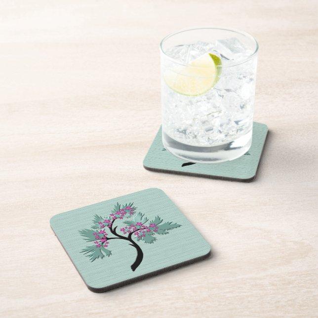 Graceful Flowering Tree Green + Plum Set of 6 Coaster (Right Side)