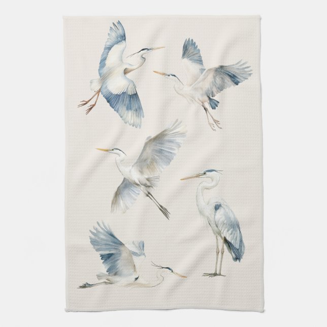Graceful Flying Blue Herons Pattern Cream Tea Towel (Vertical)