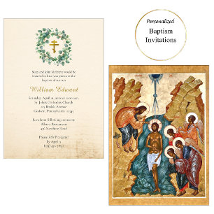 Graceful Foliage Wreath Orthodox Christian Baptism Invitation