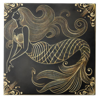 Graceful Golden Mermaid Art Deco Tile