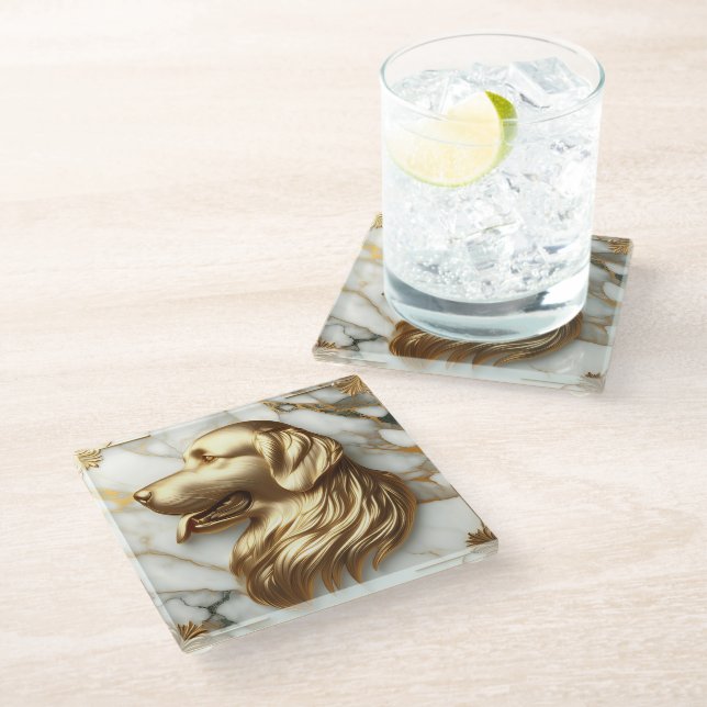 Graceful Golden Retriever Marble Aesthetic Glass Coaster (Angled)