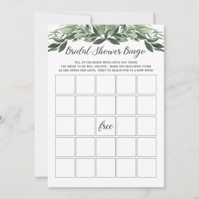 Graceful Greenery Bridal Shower Bingo Card (Front)