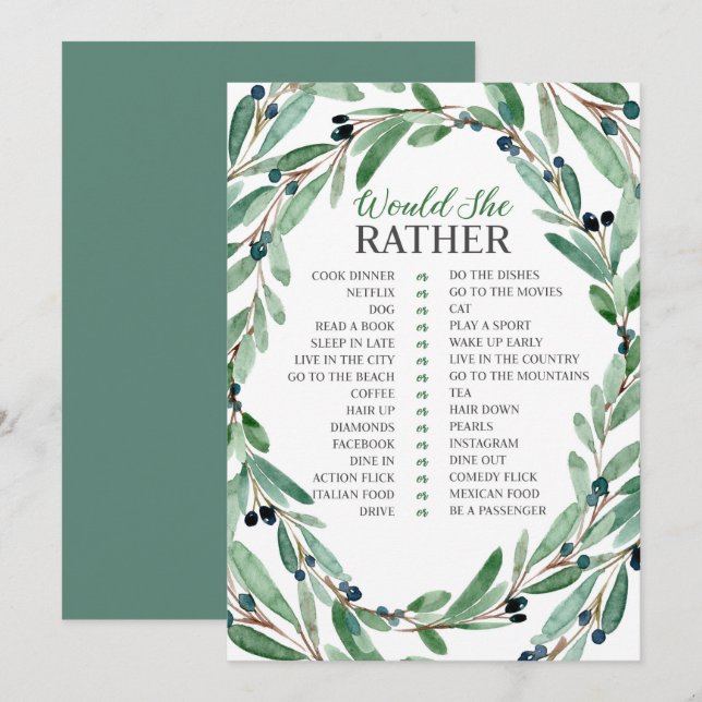 Graceful Greenery Bridal Would She Rather Card (Front/Back)
