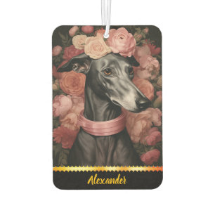 Graceful greyhound surrounded by blooming roses car air freshener