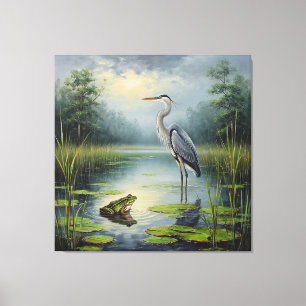 Graceful Heron in a Serene Pond Amid Lush Greenery Canvas Print