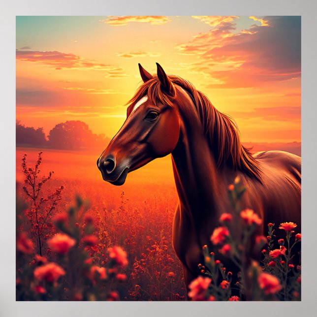 Graceful Horse Standing in a Vibrant Meadow at Sun Poster (Front)