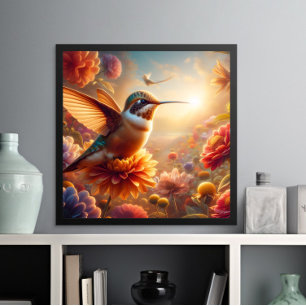 Graceful Hummingbird Soaring Above Blooming Flower Poster