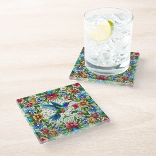 Graceful Hummingbird with Stained Glass Effect Coaster