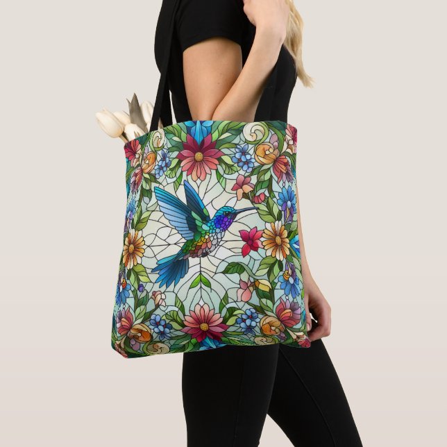 Graceful Hummingbird with Stained Glass Effect Tote Bag (Close Up)