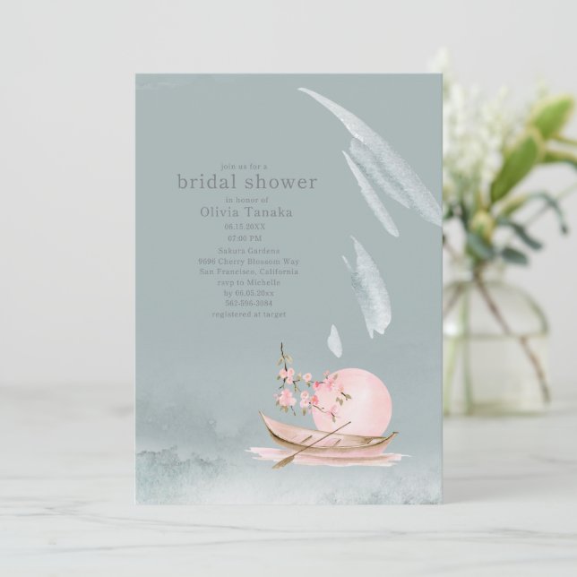 Graceful Japanese Boat in Moonlight Bridal Shower Invitation (Standing Front)
