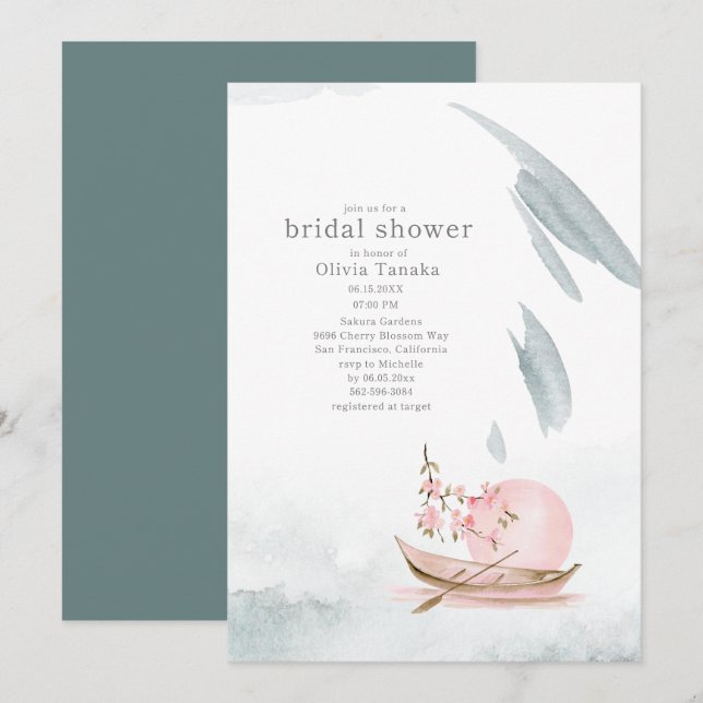 Graceful Japanese Boat in Moonlight Bridal Shower Invitation (Front/Back)