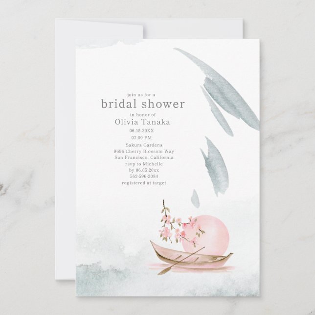 Graceful Japanese Boat in Moonlight Bridal Shower Invitation (Front)