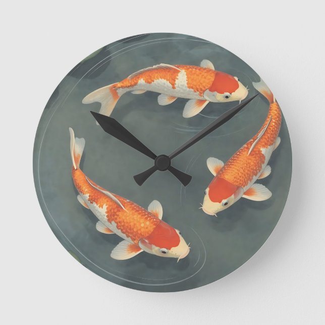 Graceful Koi Fish Pond Serenity Design Round Clock (Front)