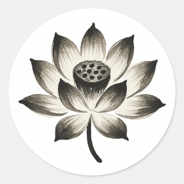 Graceful Lotus – Ink Brush Flower on Classic Round Sticker (Front)