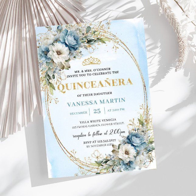 Graceful Pastel Blue Gold Eucalyptus Quince 15 Invitation (Graceful Pastel Blue Gold Eucalyptus Quince 15)