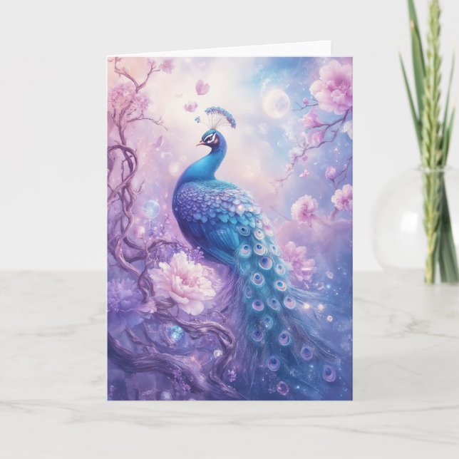 Graceful Peacock with Beautiful Feathered Tail Card (Front)